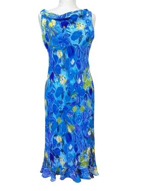 Jessica Vintage Y2K Blue Floral Midi Cottagecore Garden Party Sleeveless Dress